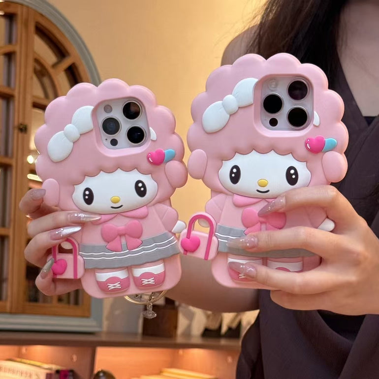 3D Pink Girl Character iPhone Case – Soft Silicone Cute Doll Design with Bow & Heart Bag