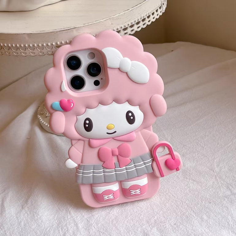 3D Pink Girl Character iPhone Case – Soft Silicone Cute Doll Design with Bow & Heart Bag