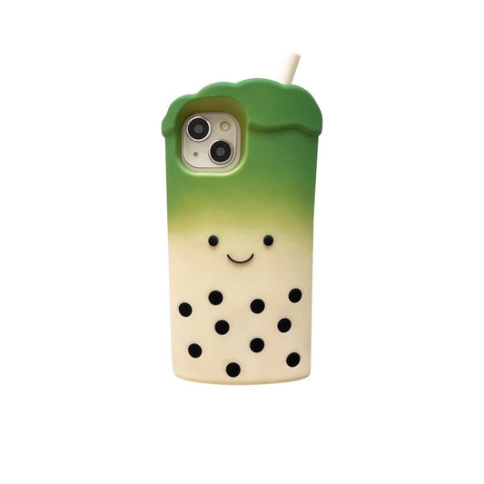 Bubble Tea iPhone Case – Cute 3D Soft Silicone Cover with Straw Design – Milk Tea & Matcha Green