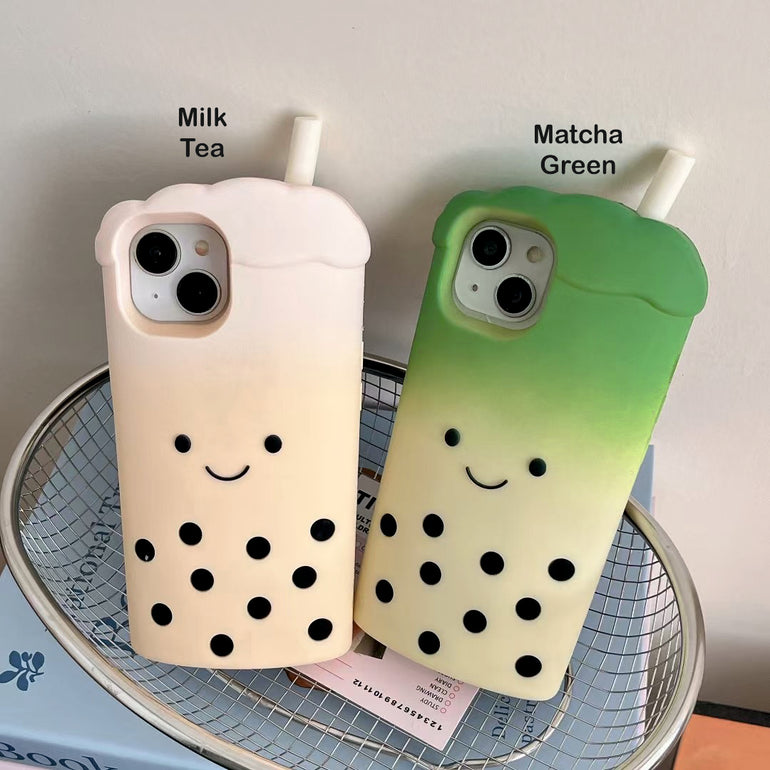 Bubble Tea iPhone Case – Cute 3D Soft Silicone Cover with Straw Design – Milk Tea & Matcha Green