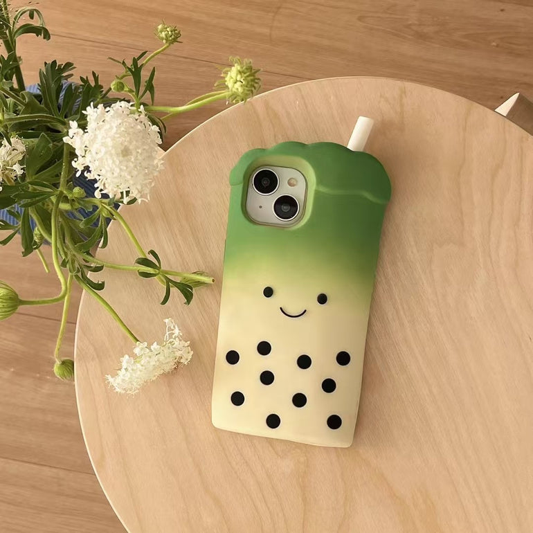Bubble Tea iPhone Case – Cute 3D Soft Silicone Cover with Straw Design – Milk Tea & Matcha Green