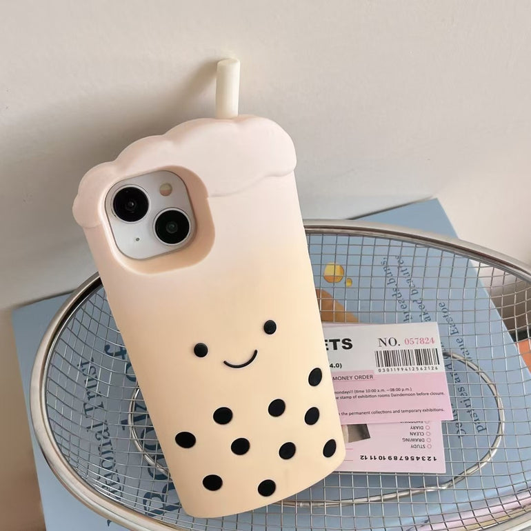 Bubble Tea iPhone Case – Cute 3D Soft Silicone Cover with Straw Design – Milk Tea & Matcha Green