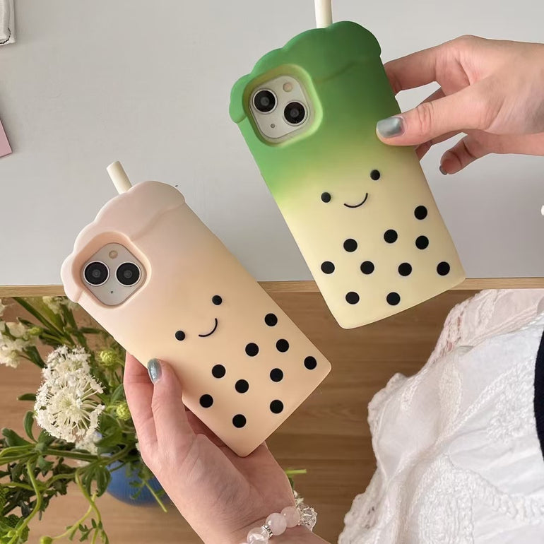 Bubble Tea iPhone Case – Cute 3D Soft Silicone Cover with Straw Design – Milk Tea & Matcha Green