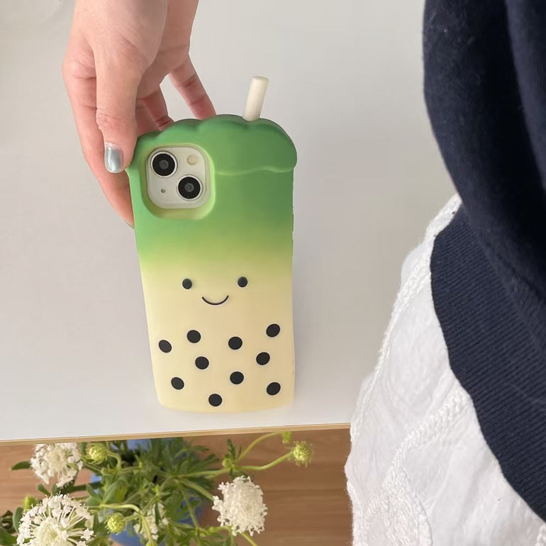 Bubble Tea iPhone Case – Cute 3D Soft Silicone Cover with Straw Design – Milk Tea & Matcha Green