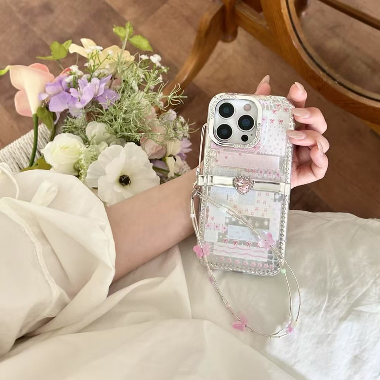 Elegant Bow iPhone Case with Crystal Heart & Butterfly Charm