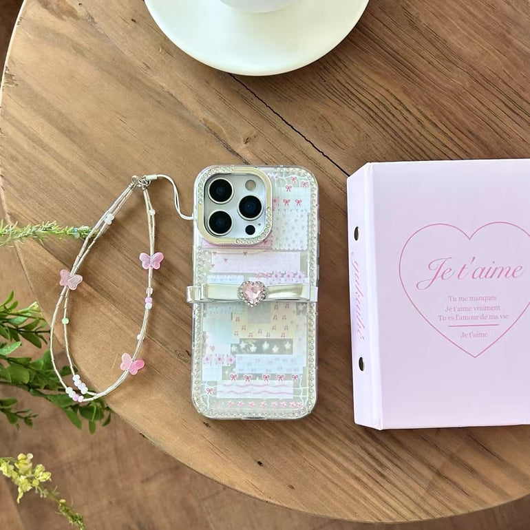 Elegant Bow iPhone Case with Crystal Heart & Butterfly Charm