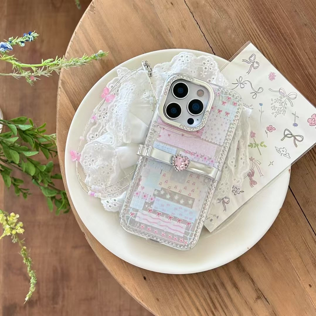 Elegant Bow iPhone Case with Crystal Heart & Butterfly Charm