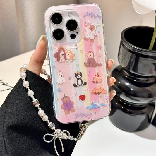 Cute Jellycat iPhone Case with 3D Cartoon Animals & Pearl Charm