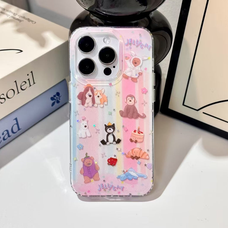 Cute Jellycat iPhone Case with 3D Cartoon Animals & Pearl Charm
