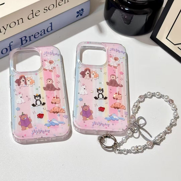 Cute Jellycat iPhone Case with 3D Cartoon Animals & Pearl Charm