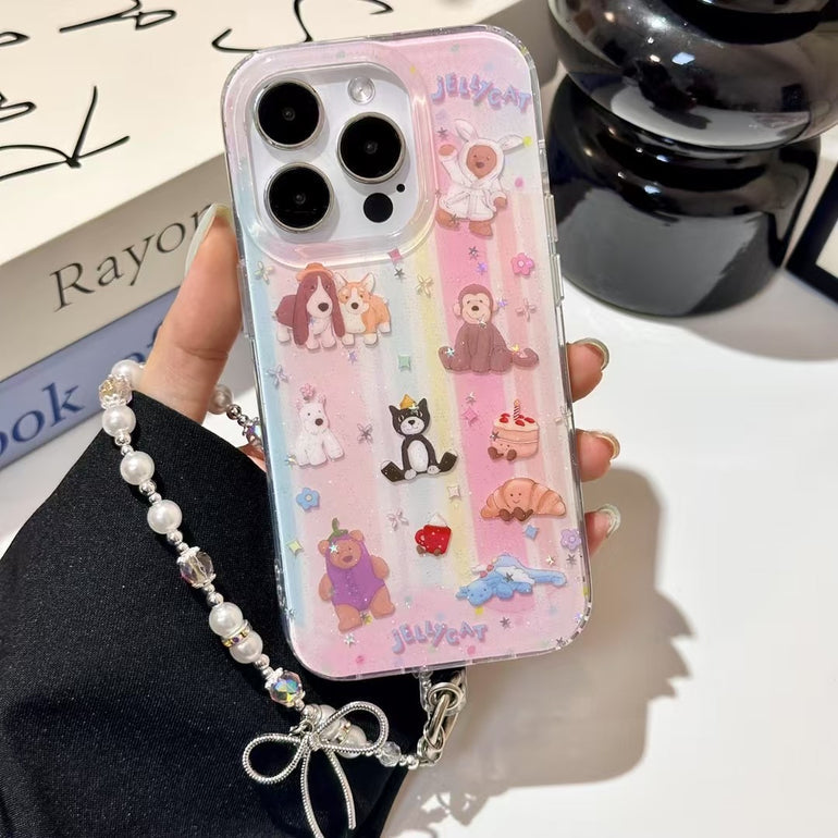Cute Jellycat iPhone Case with 3D Cartoon Animals & Pearl Charm