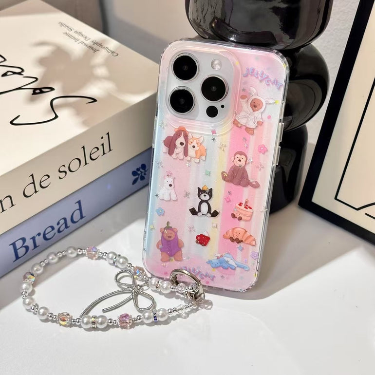 Cute Jellycat iPhone Case with 3D Cartoon Animals & Pearl Charm