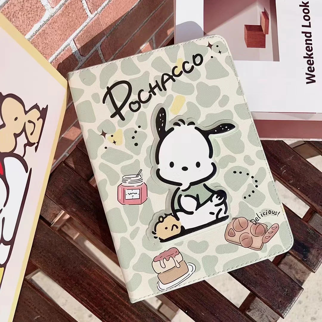 Cute Leopard Print iPad Case – Kitty & Pochacco Cartoon Cover – Protective Stand Case for iPad