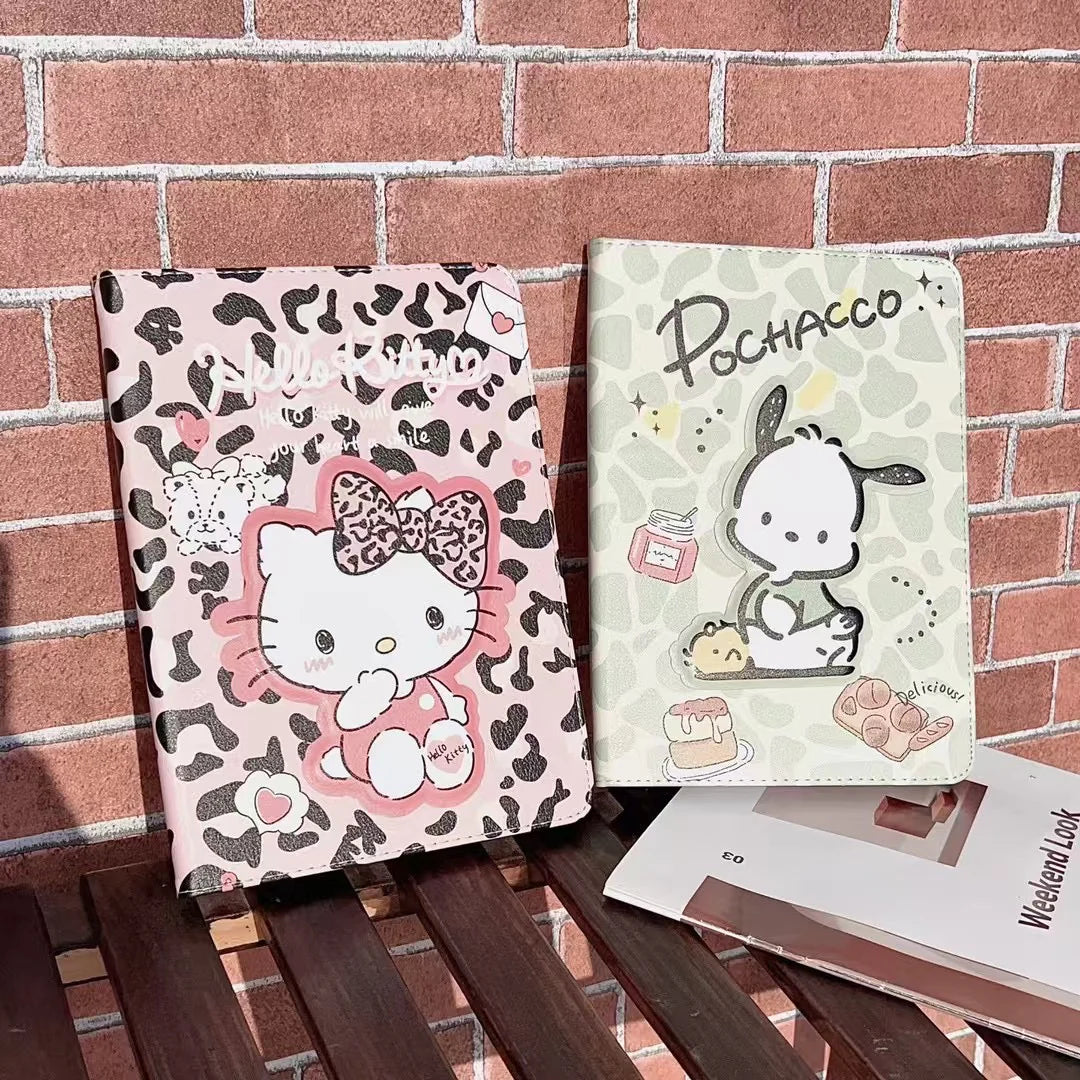Cute Leopard Print iPad Case – Kitty & Pochacco Cartoon Cover – Protective Stand Case for iPad