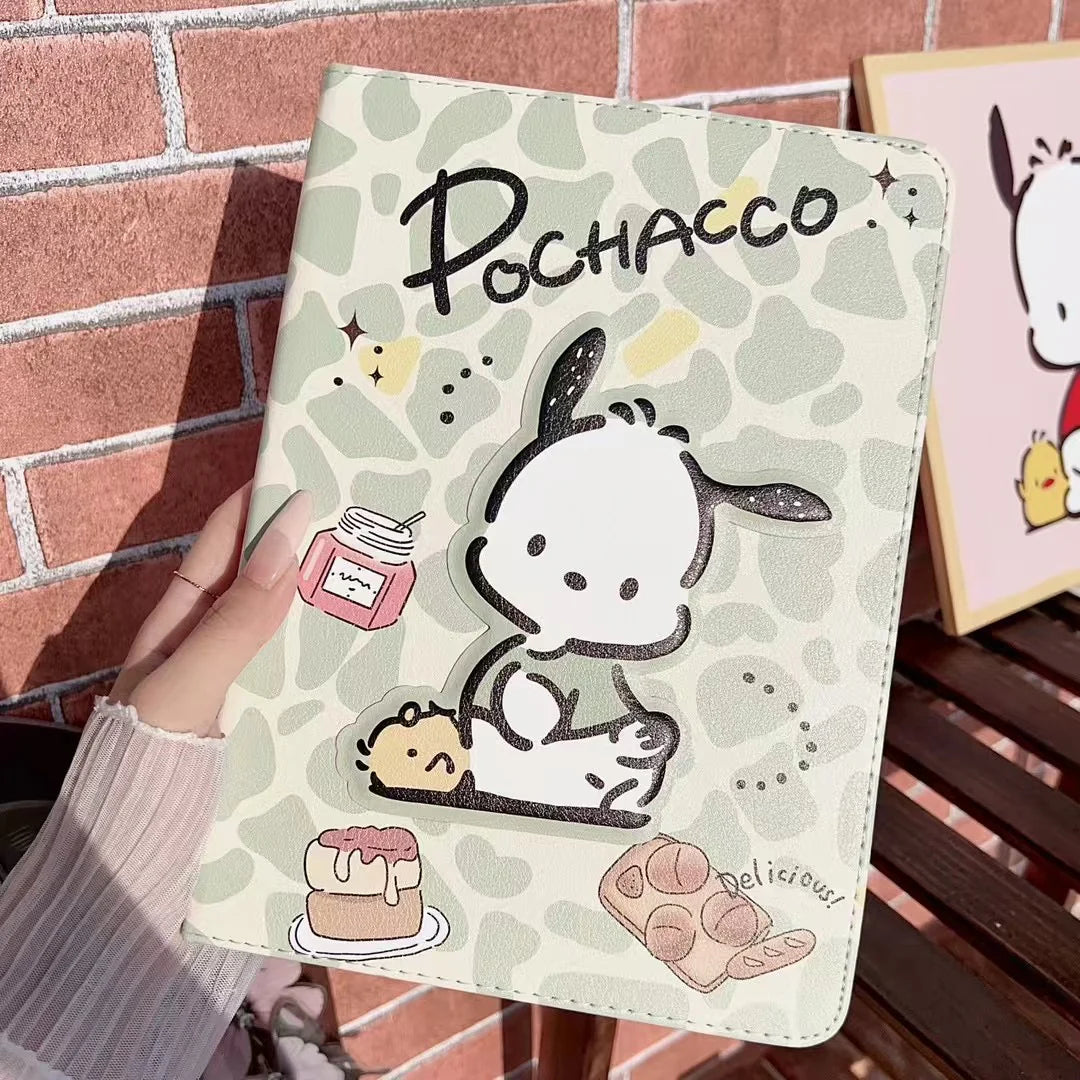 Cute Leopard Print iPad Case – Kitty & Pochacco Cartoon Cover – Protective Stand Case for iPad