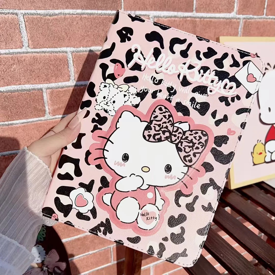Cute Leopard Print iPad Case – Kitty & Pochacco Cartoon Cover – Protective Stand Case for iPad