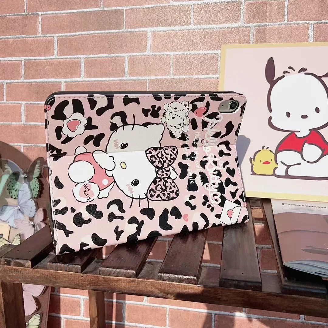 Cute Leopard Print iPad Case – Kitty & Pochacco Cartoon Cover – Protective Stand Case for iPad
