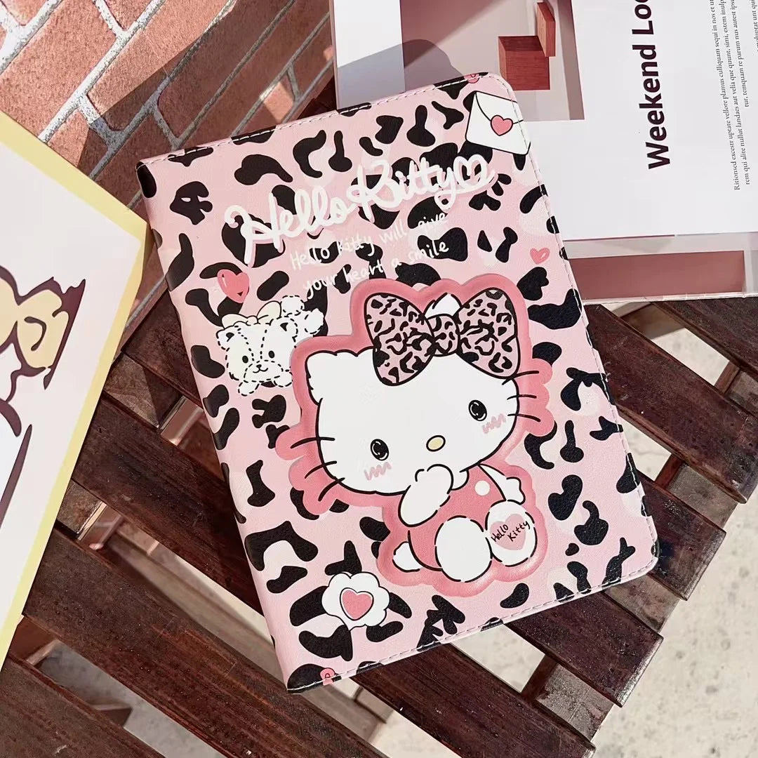 Cute Leopard Print iPad Case – Kitty & Pochacco Cartoon Cover – Protective Stand Case for iPad