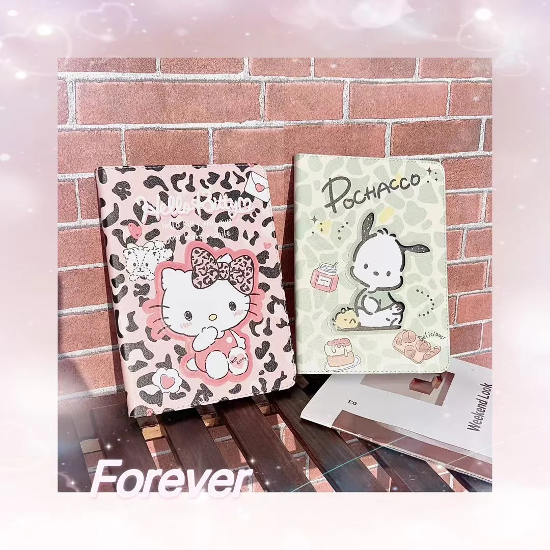 Cute Leopard Print iPad Case – Kitty & Pochacco Cartoon Cover – Protective Stand Case for iPad