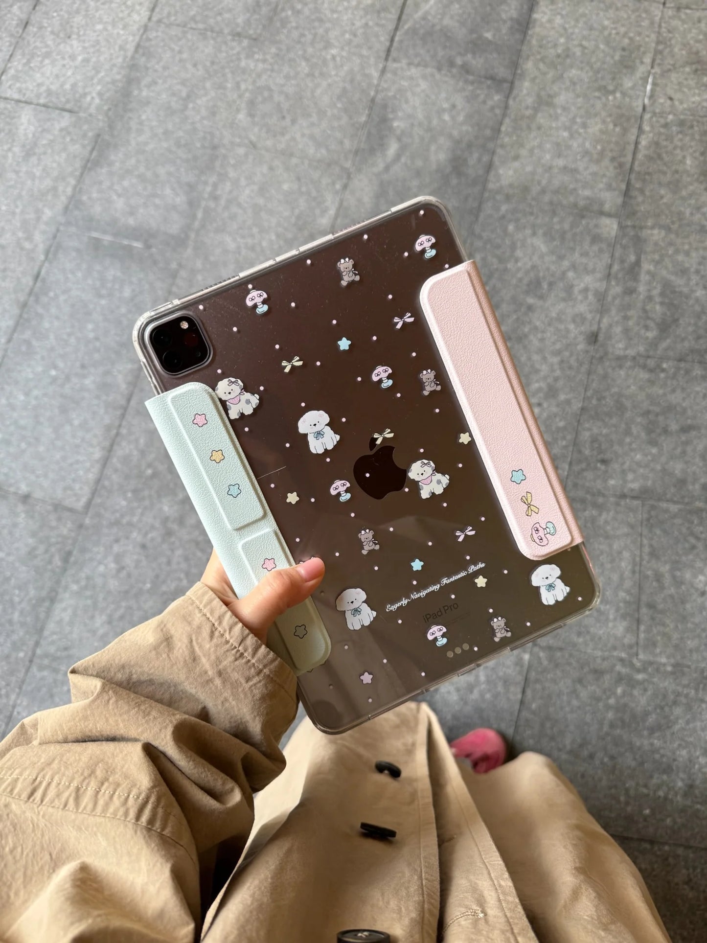 Cute Cartoon iPad Case with Magnetic Stand & Transparent Back – Pearl Bunny & Star Pattern Foldable Case for iPad