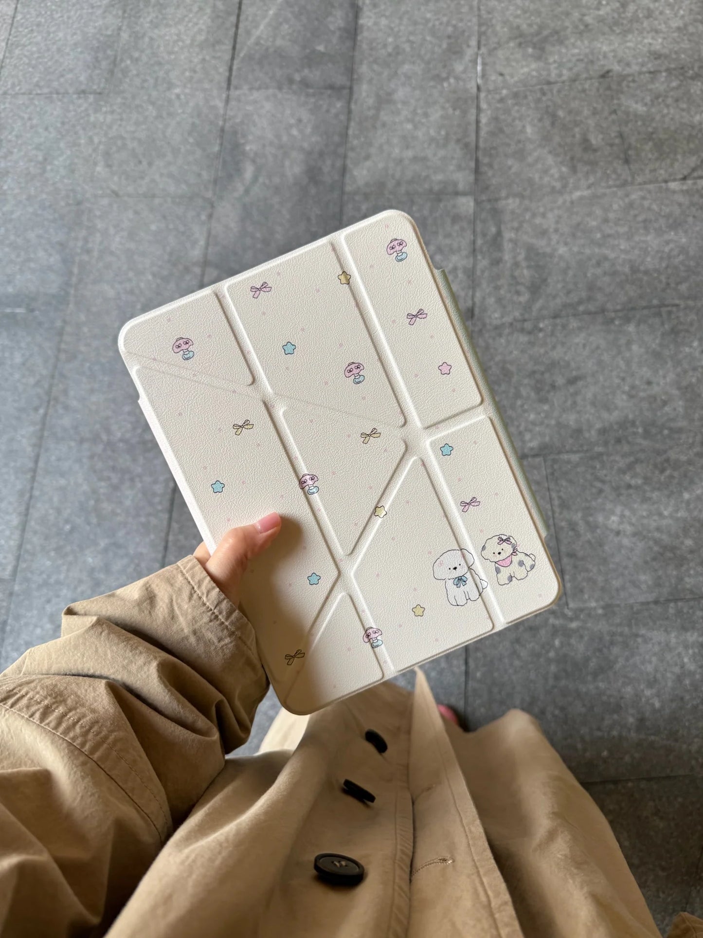 Cute Cartoon iPad Case with Magnetic Stand & Transparent Back – Pearl Bunny & Star Pattern Foldable Case for iPad