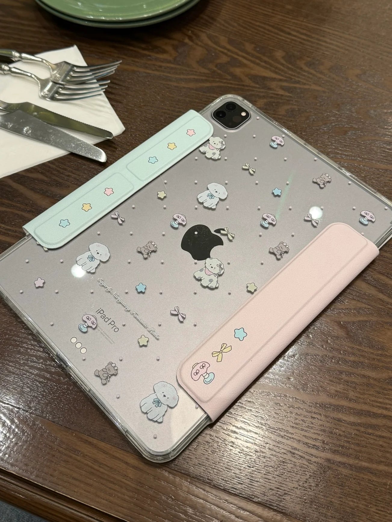 Cute Cartoon iPad Case with Magnetic Stand & Transparent Back – Pearl Bunny & Star Pattern Foldable Case for iPad