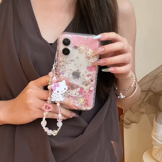 Cute Pink Kitty iPhone Case – Glitter Star Clear Case with Charm Strap & Tea Party