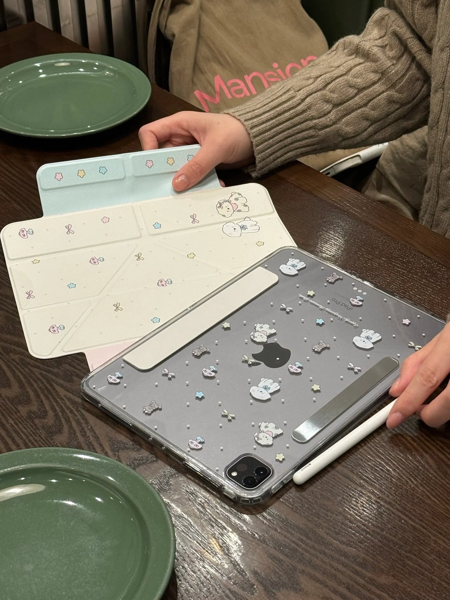 Cute Cartoon iPad Case with Magnetic Stand & Transparent Back – Pearl Bunny & Star Pattern Foldable Case for iPad