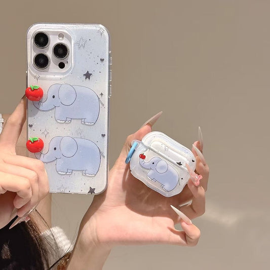 Cute Elephant iPhone Case – Glitter Clear Soft Case with 3D Apple Charm & Star Accents for iPhone