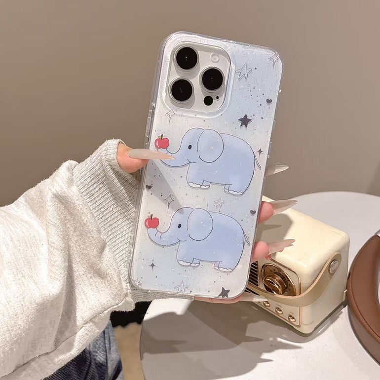 Cute Elephant iPhone Case – Glitter Clear Soft Case with 3D Apple Charm & Star Accents for iPhone