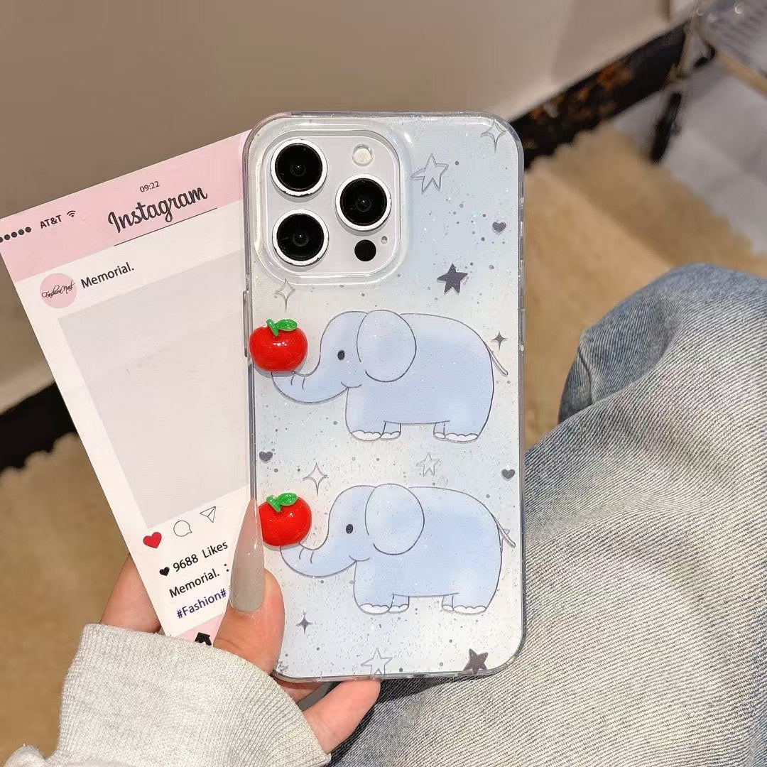 Cute Elephant iPhone Case – Glitter Clear Soft Case with 3D Apple Charm & Star Accents for iPhone