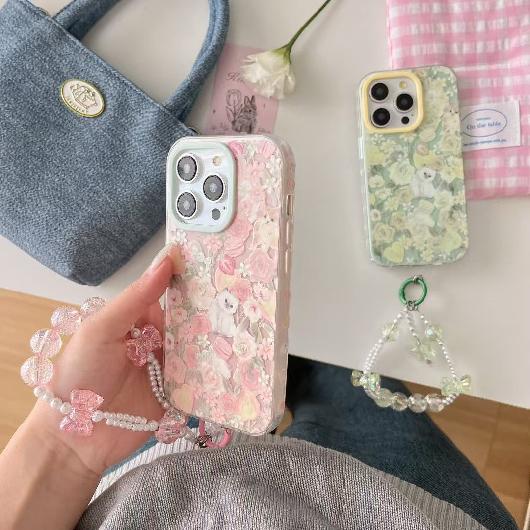 Cats In Garden Silicon Case For iPhone With Bow Beaded Charm