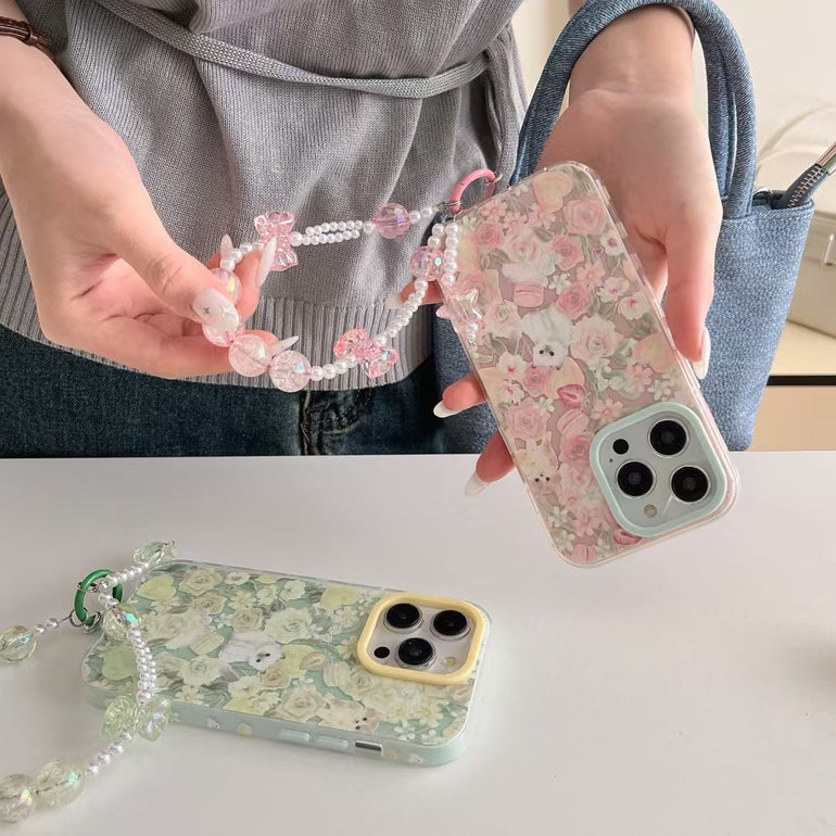 Cats In Garden Silicon Case For iPhone With Bow Beaded Charm
