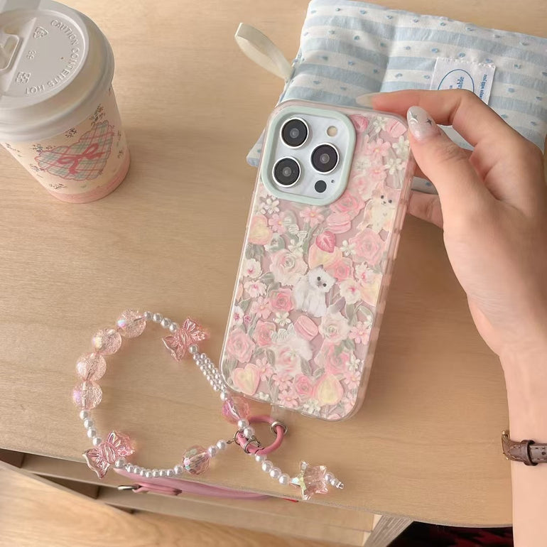 Cats In Garden Silicon Case For iPhone With Bow Beaded Charm