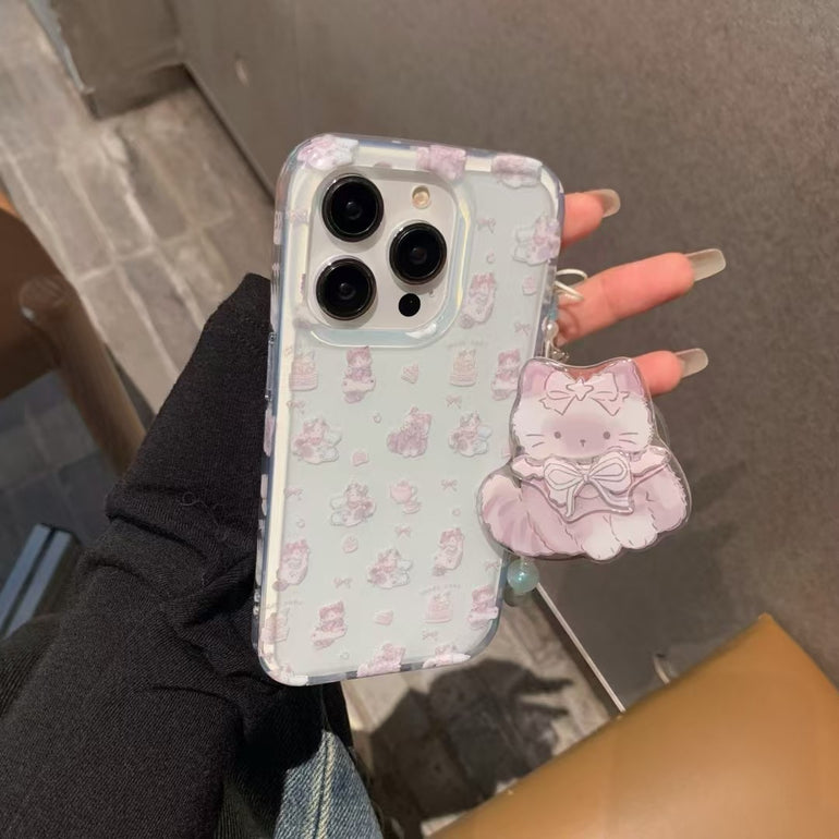 Cute Kitty Pattern Silicon Case For iPhone With Kitty Holder And Charm