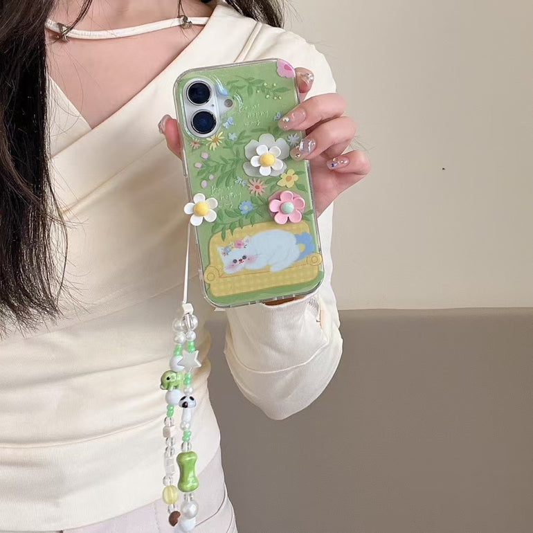 Cute Cat With Flower Silicon iPhone Case With Charm