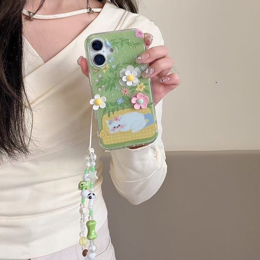Cute Cat With Flower Silicon iPhone Case With Charm