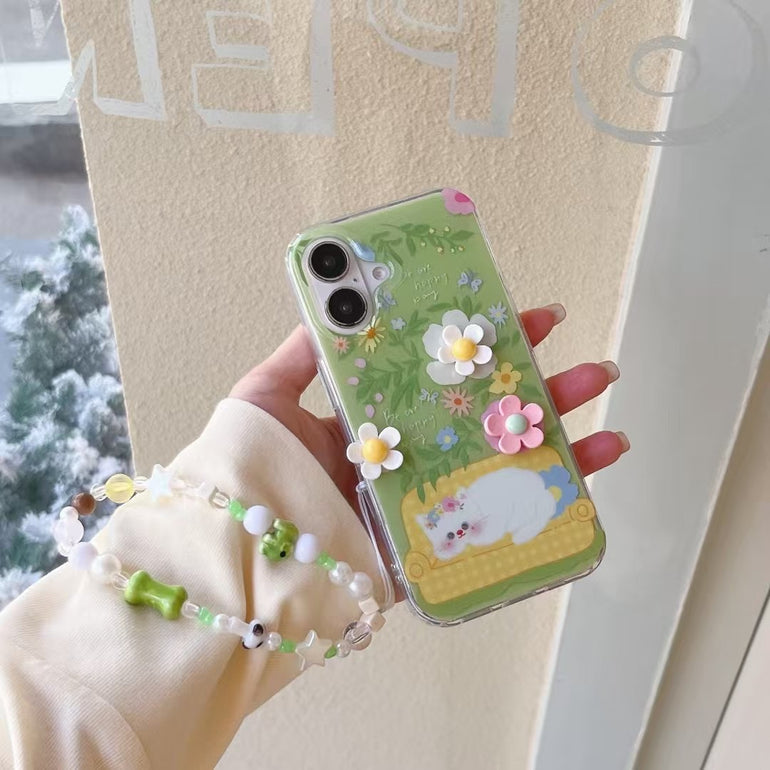 Cute Cat With Flower Silicon iPhone Case With Charm
