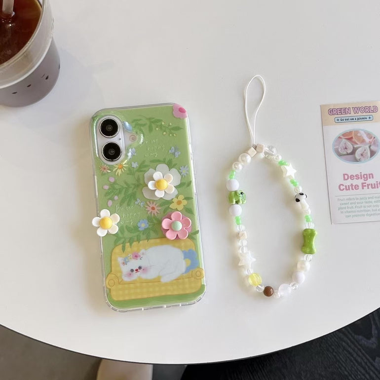 Cute Cat With Flower Silicon iPhone Case With Charm