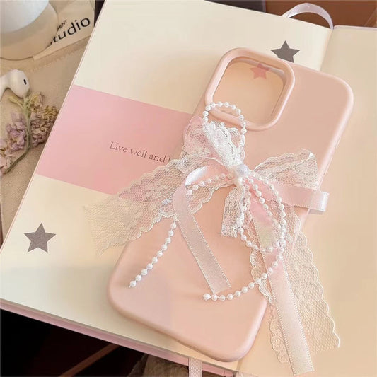 Pastel Pink Ribbon Lace iPhone Case with Pearl Bow – Elegant Girly Soft Cover