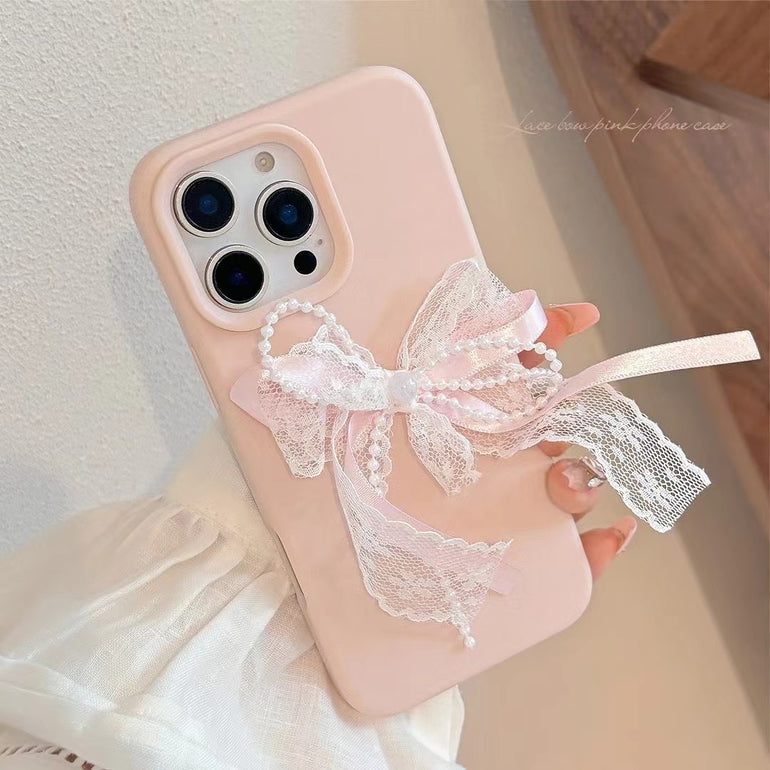 Pastel Pink Ribbon Lace iPhone Case with Pearl Bow – Elegant Girly Soft Cover