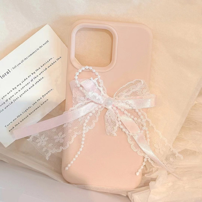 Pastel Pink Ribbon Lace iPhone Case with Pearl Bow – Elegant Girly Soft Cover