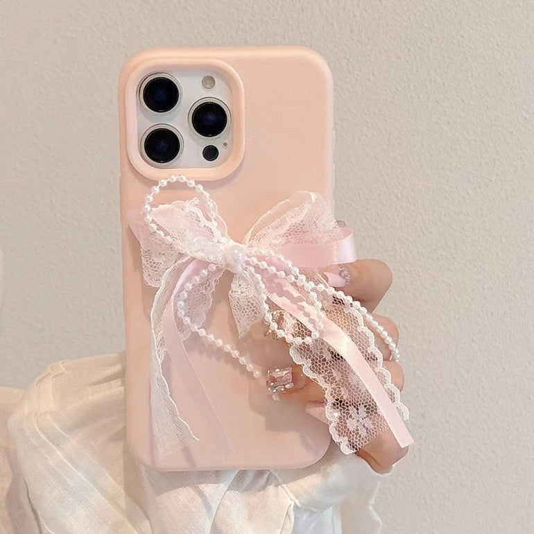 Pastel Pink Ribbon Lace iPhone Case with Pearl Bow – Elegant Girly Soft Cover