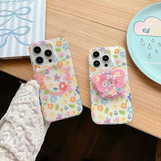 Flower Pattern Magsafe Silicon iPhone Case With Butterfly Kitty Holder