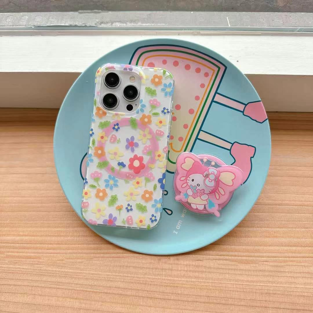 Flower Pattern Magsafe Silicon iPhone Case With Butterfly Kitty Holder