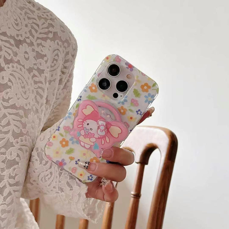Flower Pattern Magsafe Silicon iPhone Case With Butterfly Kitty Holder