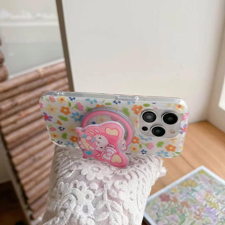 Flower Pattern Magsafe Silicon iPhone Case With Butterfly Kitty Holder