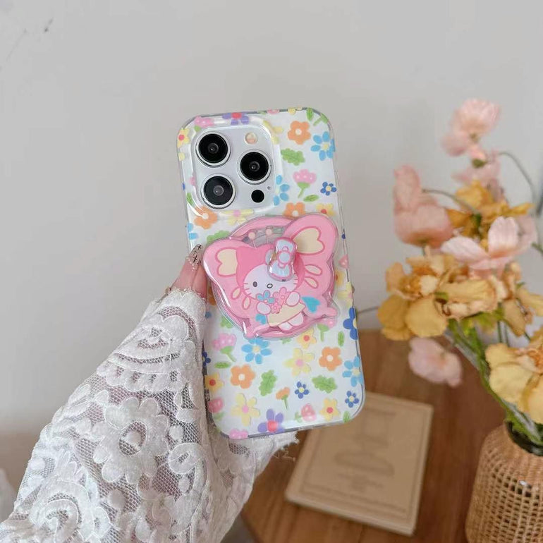 Flower Pattern Magsafe Silicon iPhone Case With Butterfly Kitty Holder