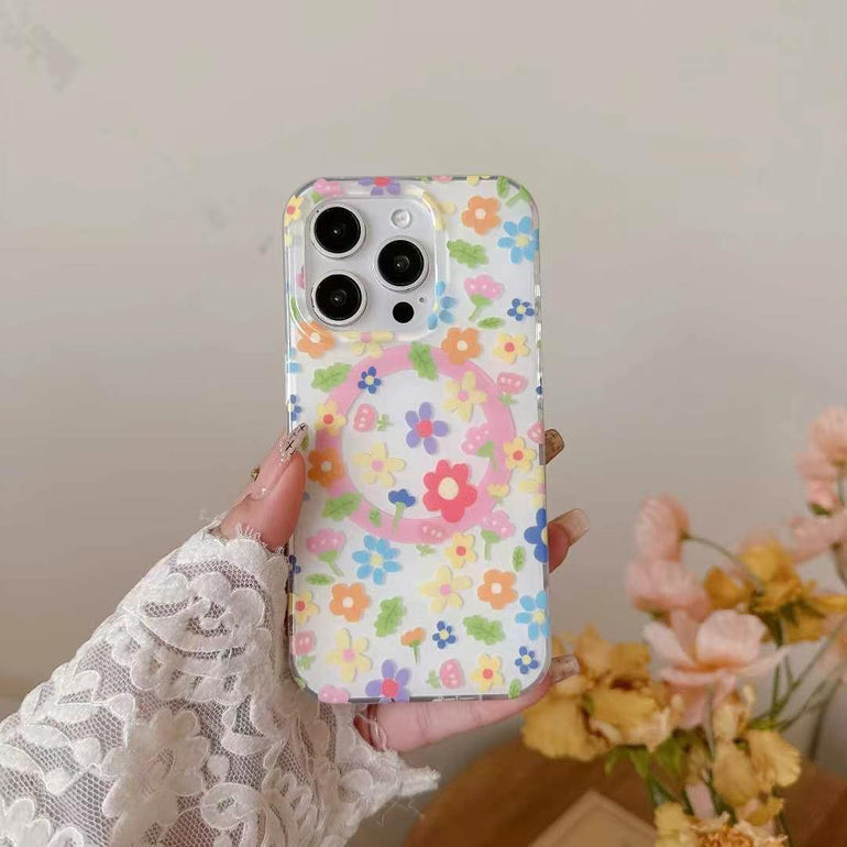 Flower Pattern Magsafe Silicon iPhone Case With Butterfly Kitty Holder