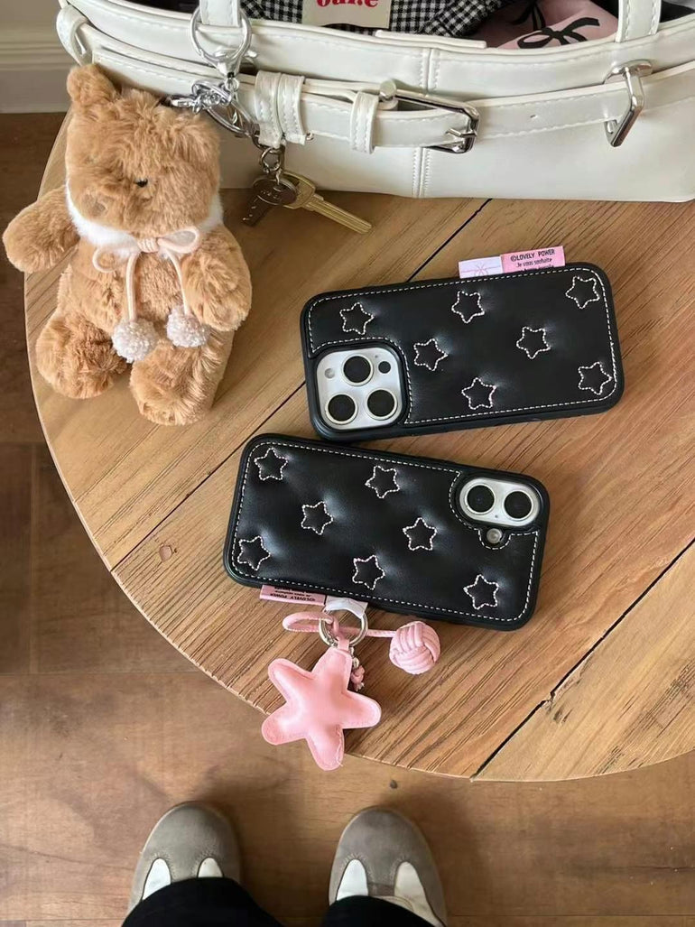 Leather Embossed Star Pattern Case For iPhone With Star Charm